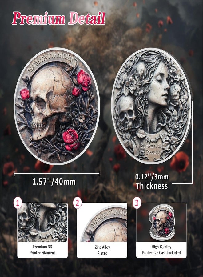 IELCJJ Memento Mori Skull Girl Coin - Red Rose Stoic Challenge Coin - Novelty EDC Amor Fati Token Medallions for Daily Stoic Practice - Inspirational Momento Mori Stoicism Gifts for Men Women Kids - Image 3